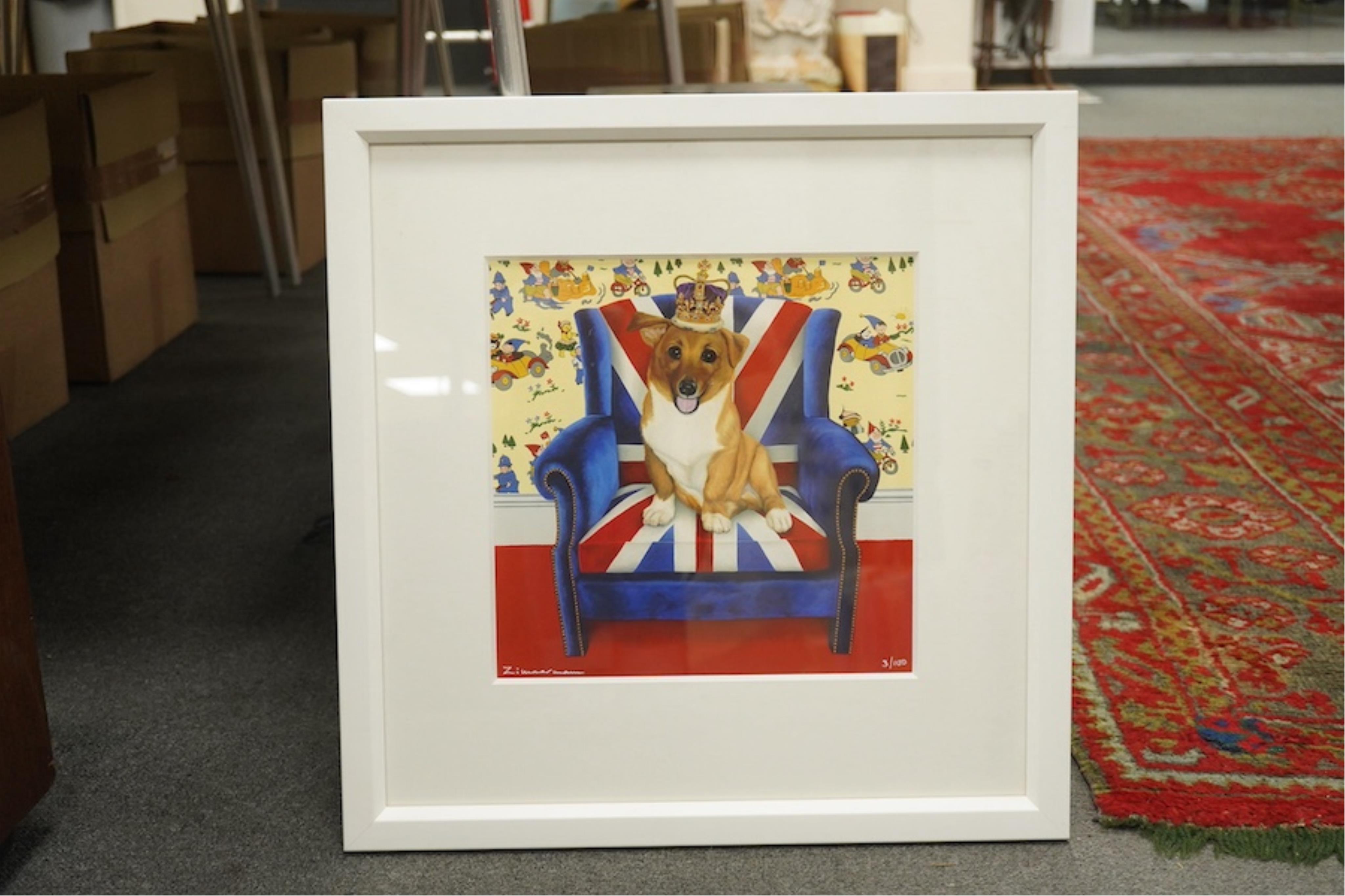 Paula Zimmermann (contemporary) limited edition giclee print, Corgi seated upon a Union Jack chair, signed, limited edition 3/100, 29 x 29cm. Condition - good